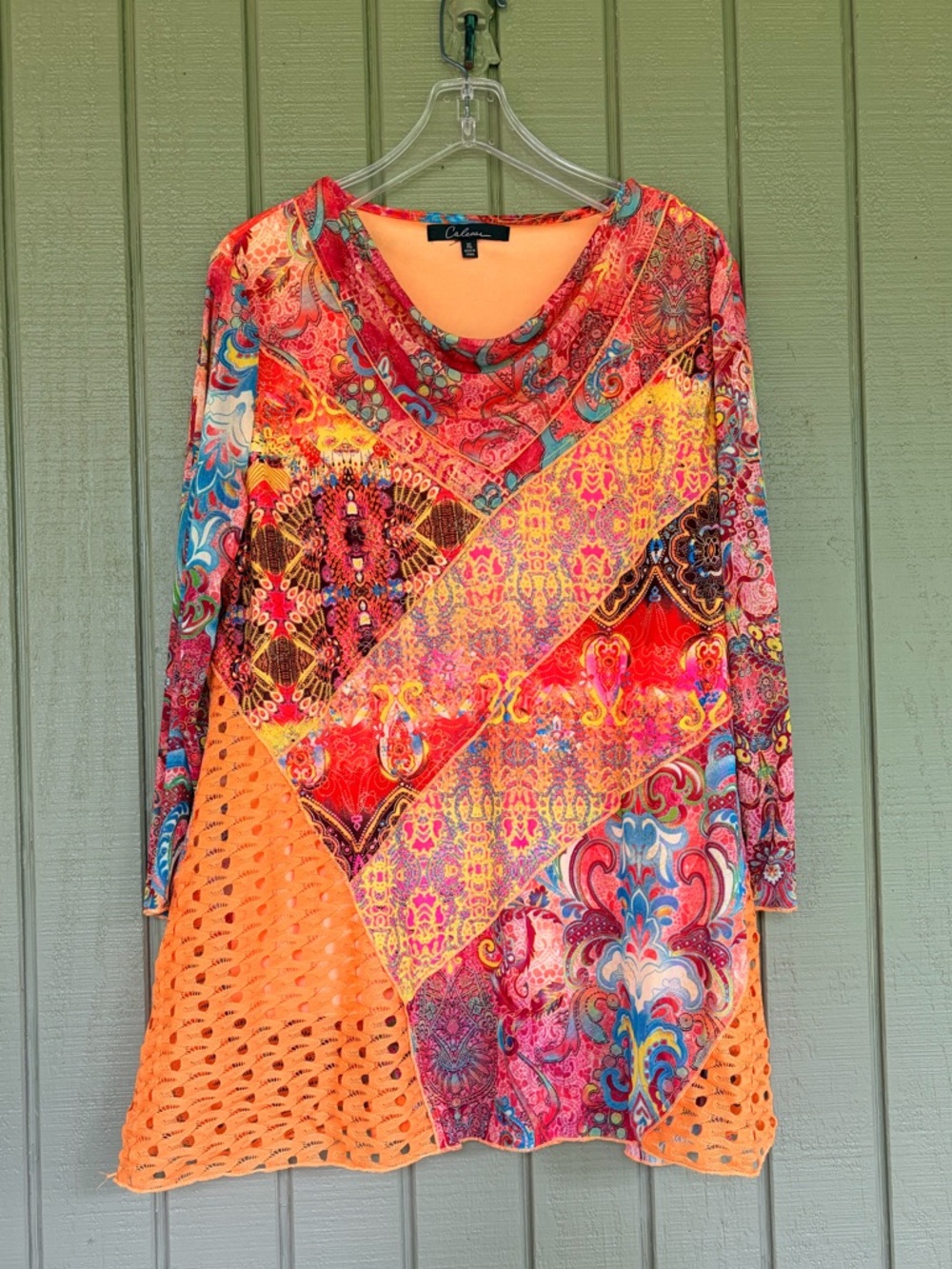 Caleooa Boho Patchwork Cowl Neck Tunic XL Mixed Media Eyelet Lace Artsy EUC